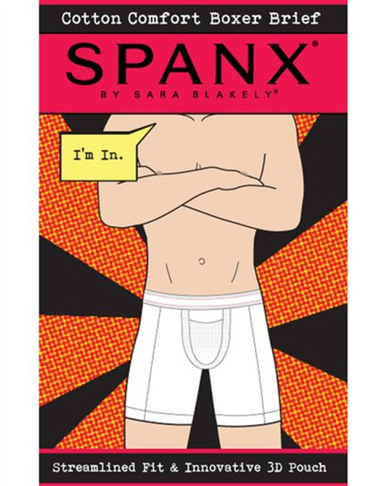 This advertisement provided by Spanx by Sara Blakely, shows a pair of Cotton Comfort Boxer Briefs. Everyone wants flawless skin, flat abs and a fab rear. But men don't always admit it.